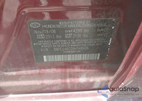 2009 Hyundai Sonata Limited z USA, uszkodzony, nr VIN 5NPEU46C09H548406